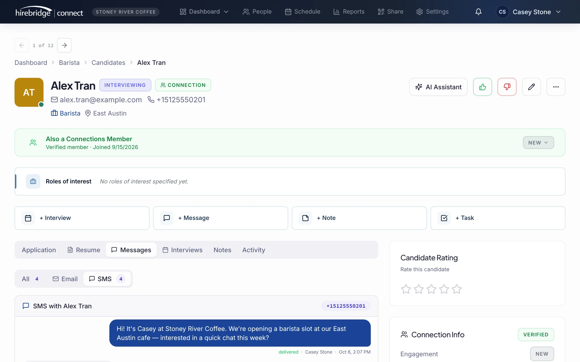 A person's profile in Connect with their text conversation about scheduling an interview.
