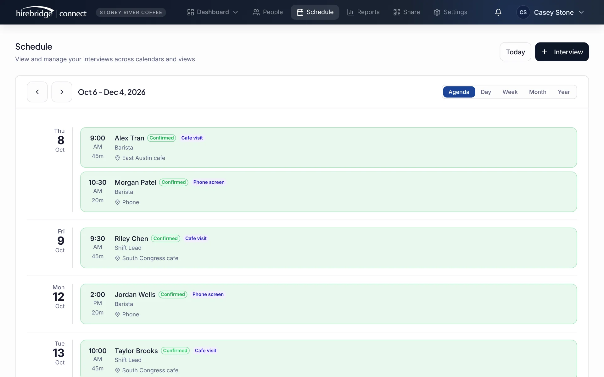 The Connect schedule listing upcoming interviews with each person, the role and the time.