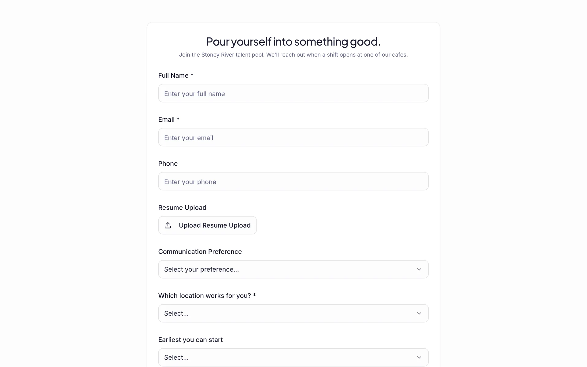 A business's Connect sign-up page where someone joins its talent pool in about 30 seconds.